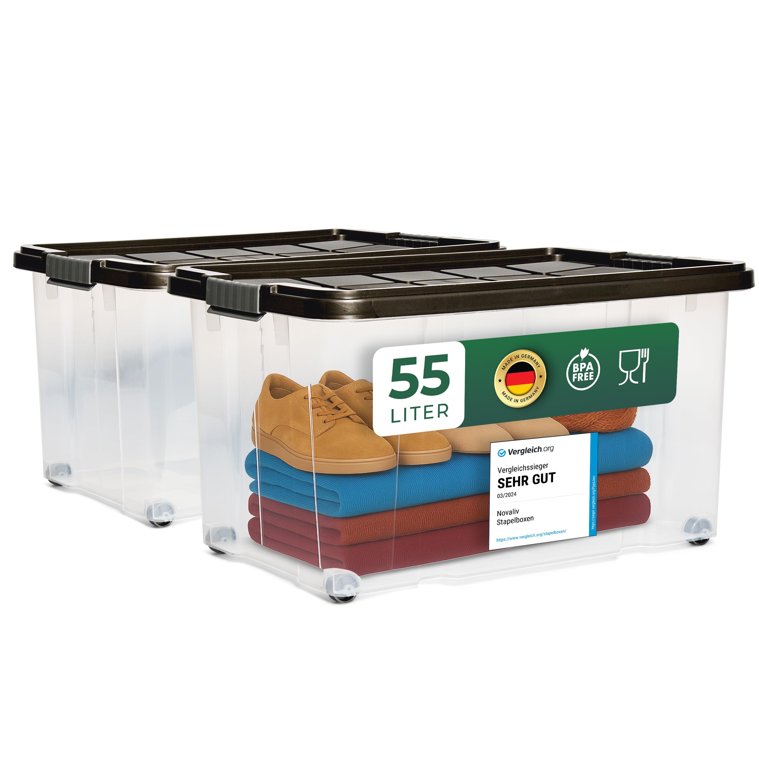 Novaliv 2 cajas de almacenamiento con tapa, grandes, 55 L, color antracita, apilables, con cierre de clip, de plástico, sin BPA, 61 x 40 x 32,5 cm