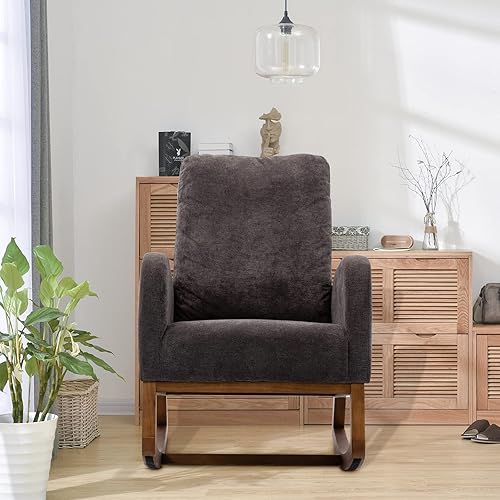 Miniatura 7 de ayoodfo Mecedora para guardería mecedora con respaldo alto y bolsillo lateral silla de lactancia con patas de madera de goma silla de deslizamiento