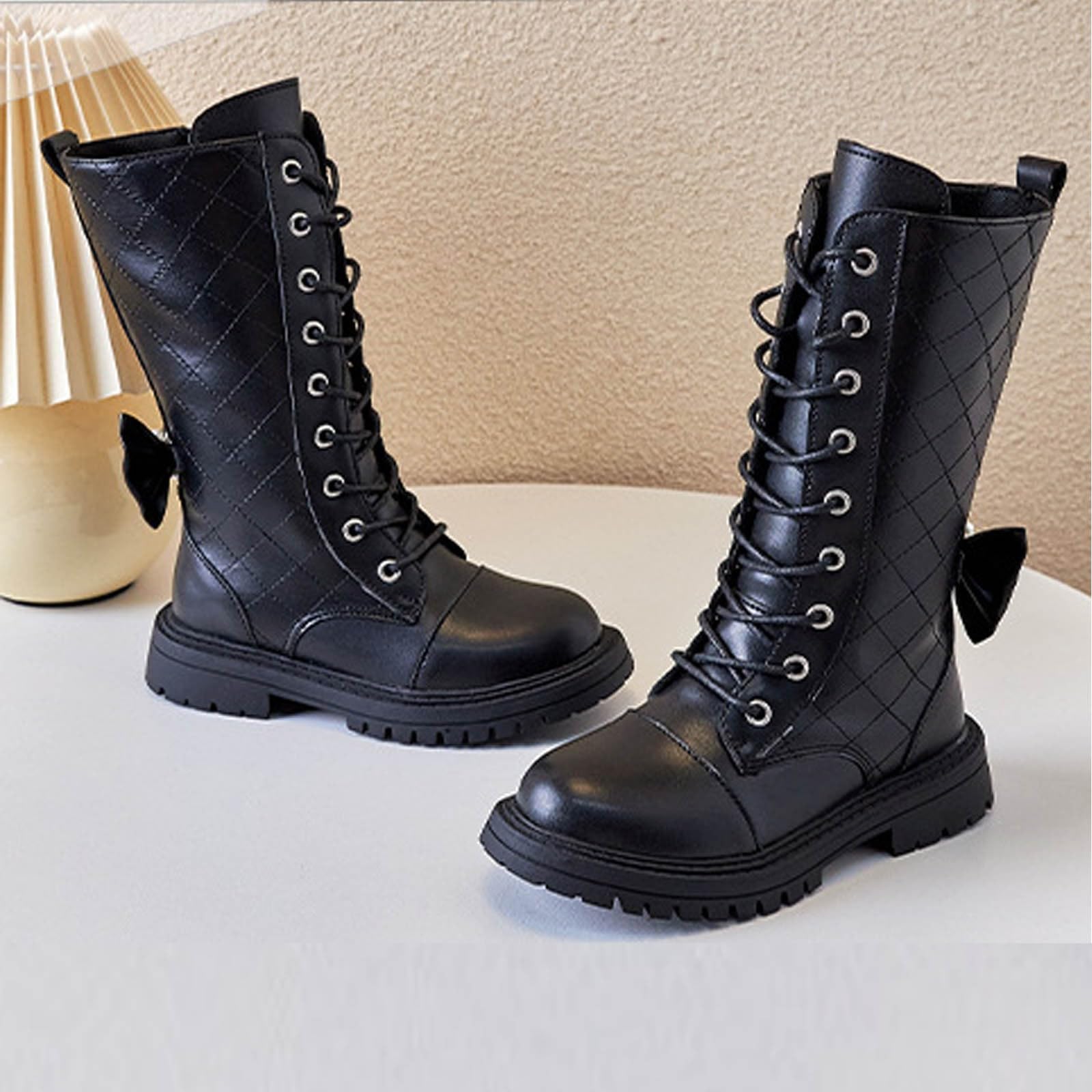 Mädchen Perlenschleife Stiefel Langschaft Schnürstiefel Gummisohle