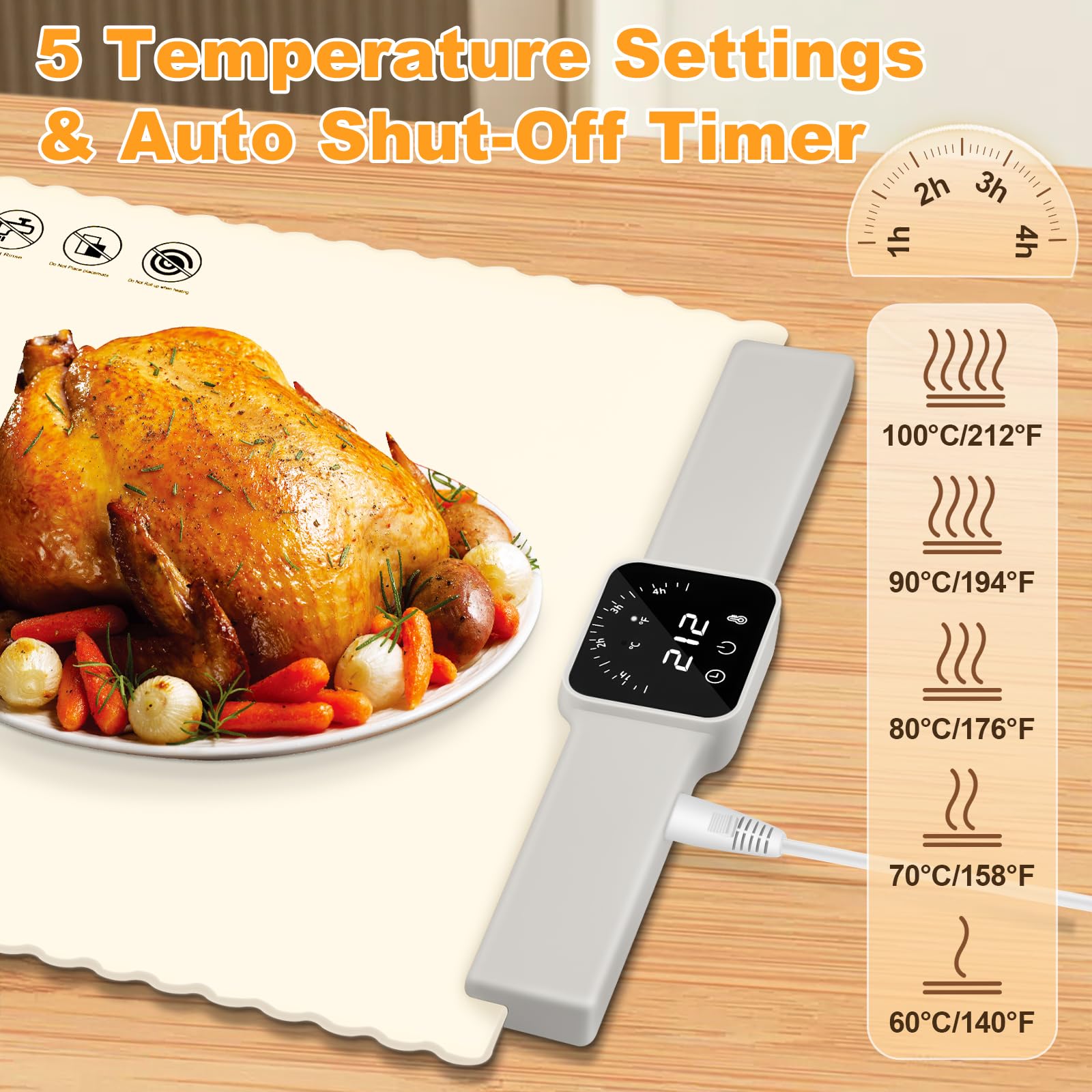 Electric Warming Tray, Silicone Heating Food Warming Mat with 5 Temperature Settings, Full Surface Heating, Auto Shut-Off Timer, Roll Up Food Warmer for Gatherings, Parties (Cream Color)