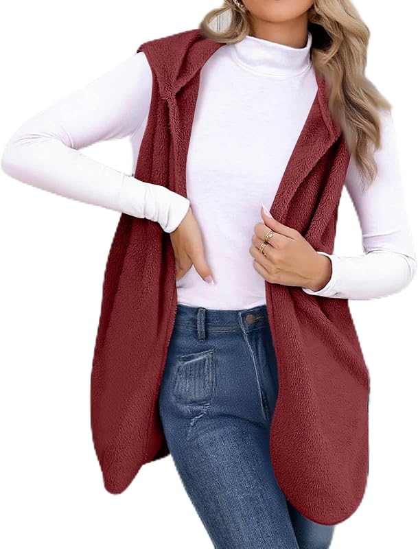 Long Hooded Fleece Vest for Women Open Front Winter Outerwear