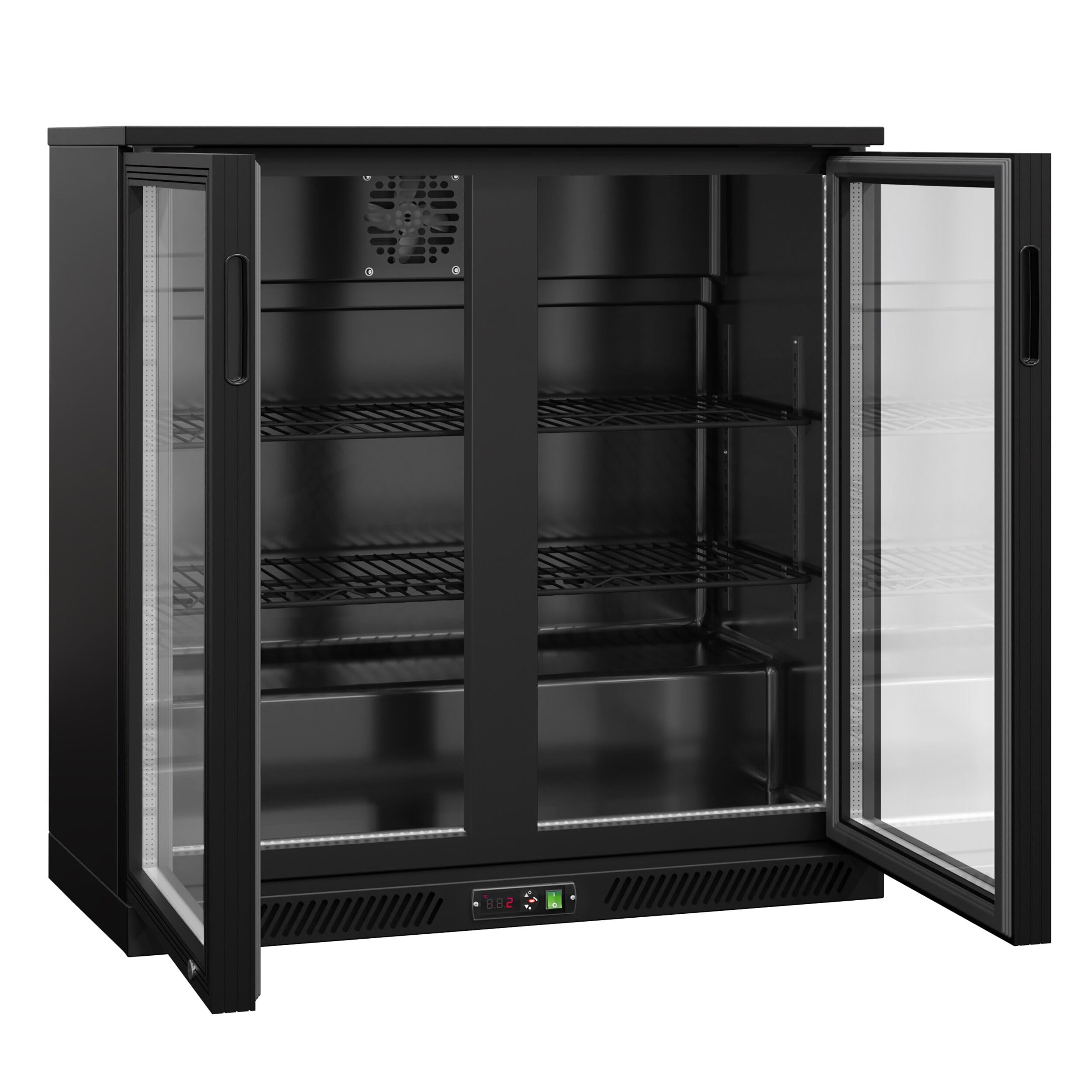 GGM Gastro | BKTLG220S | Barkühlschrank - 900mm - 220 Liter - mit 2 Glasflügeltüren - Außen & Innen Schwarz