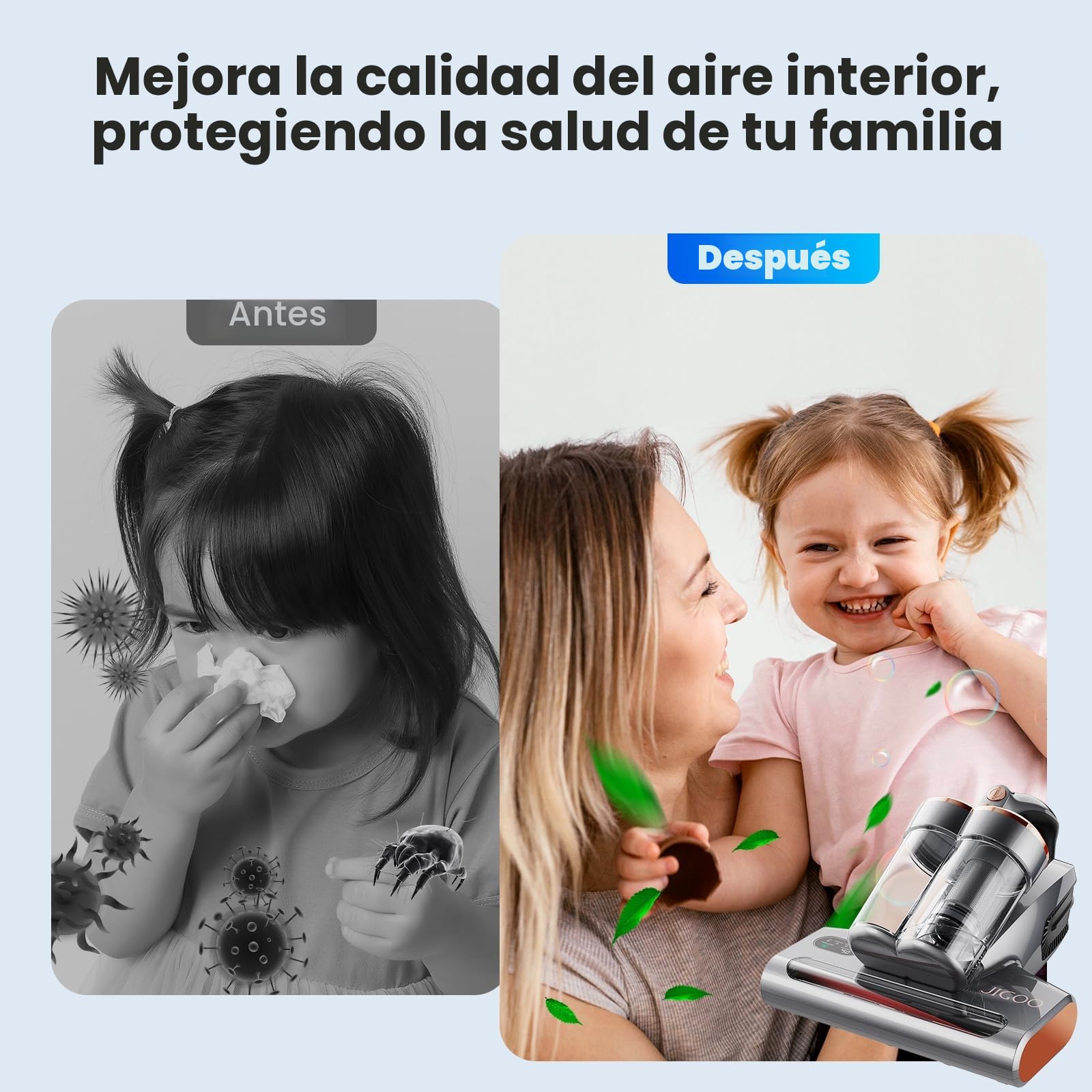 JIGOO S300 Pro Aspirador de Ácaros con Sensor de Ácaros y Pantalla Digital, 500W Aspiradora antiácaros con Luz UV, 13KPa de succión, para Alergias, Elimina alérgenos en colchones, Camas y sofás