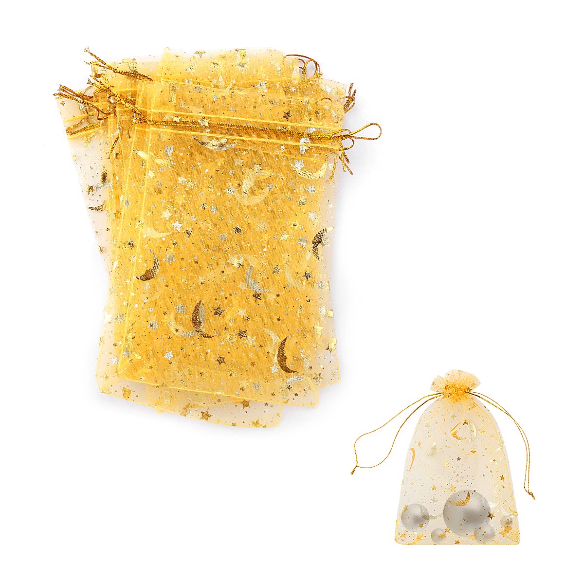 Lotsdonxia 30-Piece Organza Gift Bags with Drawstring – 10x15cm Star and Moon Mesh Jewellery Pouches for Weddings, Parties, and Festivals (Gold)