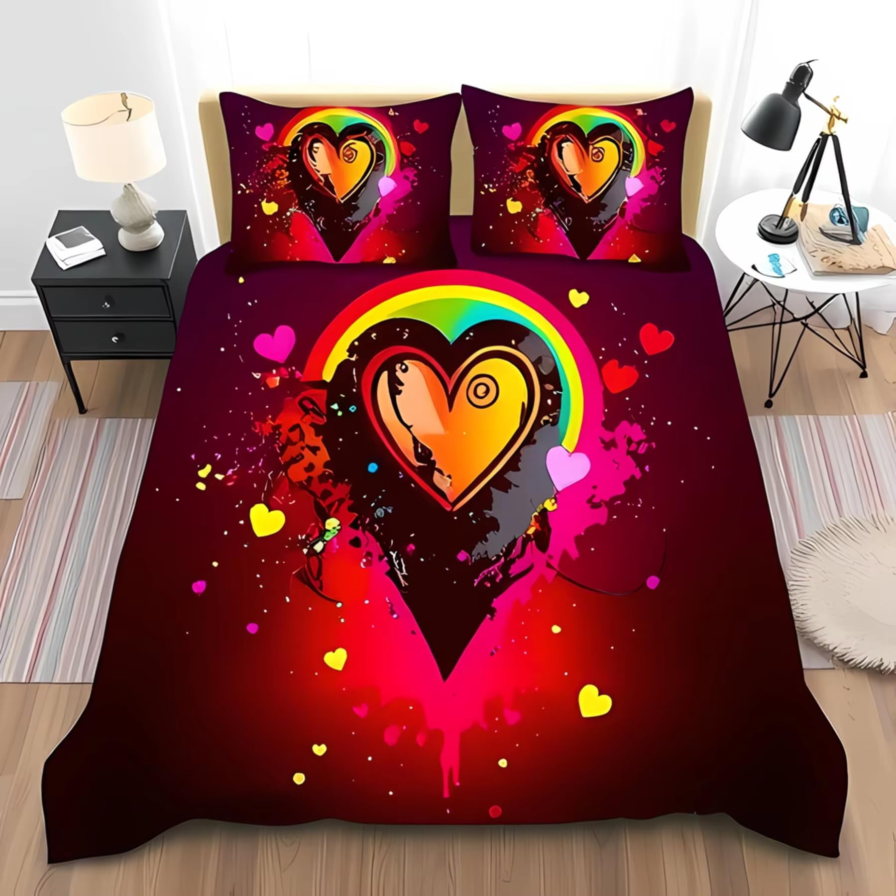 Housse de couette 200x200 arc-en-ciel rétro avec motif amour et art abstrait