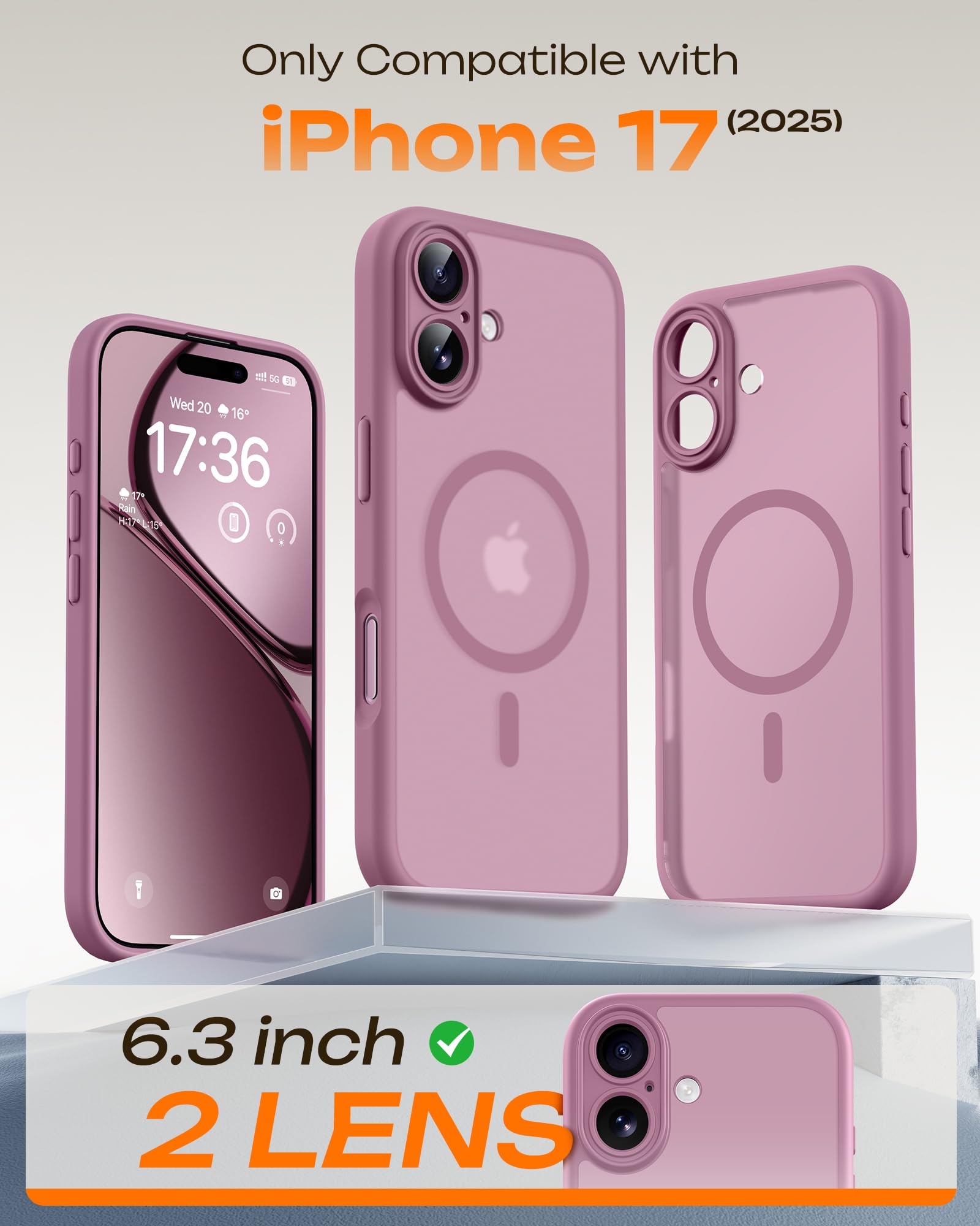 TOCOL Cover Magnetica per iPhone 17 6,3 Pollic, Compatibile con MagSafe, Anello Magnetico Incorporato, Protezione Fotocamera Integrata, Custodia Antiurto Traslucida Opaca, Lilla Viola