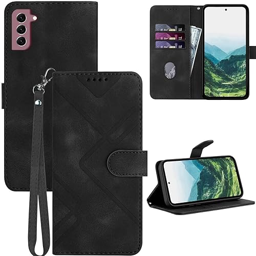Funda para Galaxy S21, tarjetero, correa para la muñeca, soporte, cierre magnético, funda con patrón de piel sintética, protección a prueba de