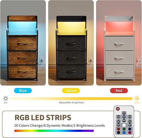 Miniatura 6 de Mesita de noche alta con luz y estación de carga, mesita de noche con 3 cajones de tela y estante de almacenamiento, mesitas de noche con puertos