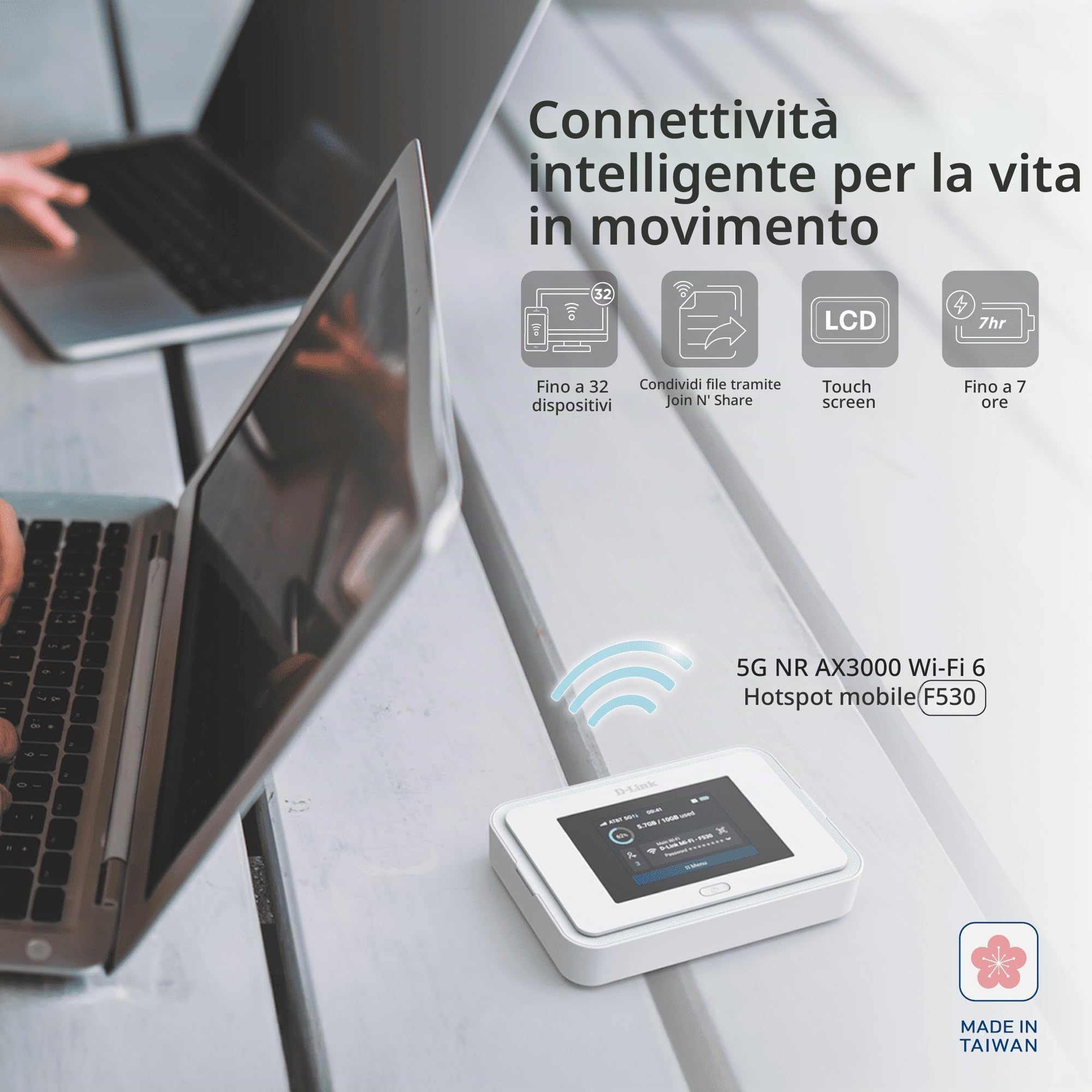 D-Link F530 Hotspot Mobile 5G NR AX3000 Wi-Fi 6, Router 5G Portatile fino a 7,01 Gbps, Touchscreen 2,4", 32 Dispositivi, Batteria 5260 mAh, USB-C PD, microSD, Slot SIM