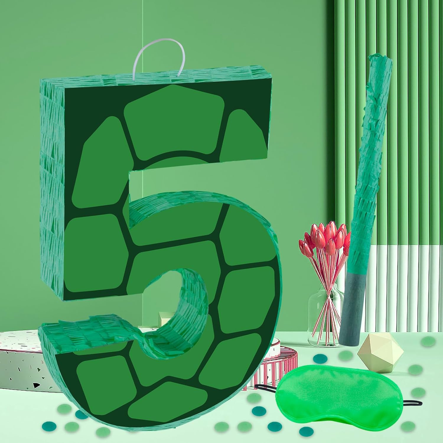16 Inch Turtle Number 5 Pinata, Turtle Birthday Decorations, Turtle Theme Pinata with 16 Inch Stick Blindfold Confetti for Boy Girl Kids 5th Birthday Party Supplies(5th)
