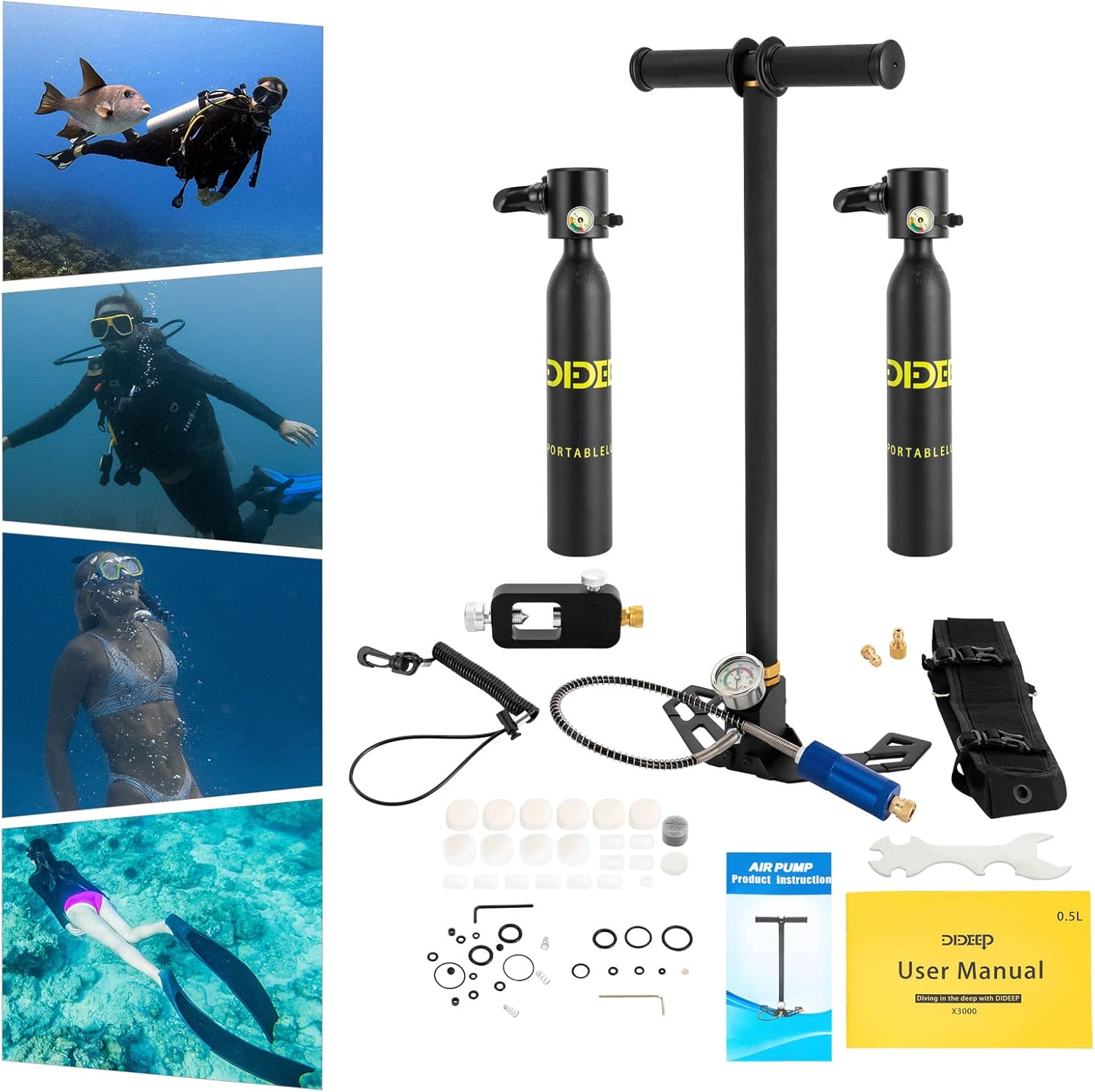 Mini Scuba Tank, Portable Breathing Tank with 2 Independent Oxygen Cylinders Can & Carry Bag 0.5L Lung Tanks 5-10min for Learning to Dive, Underwater Adventure Black