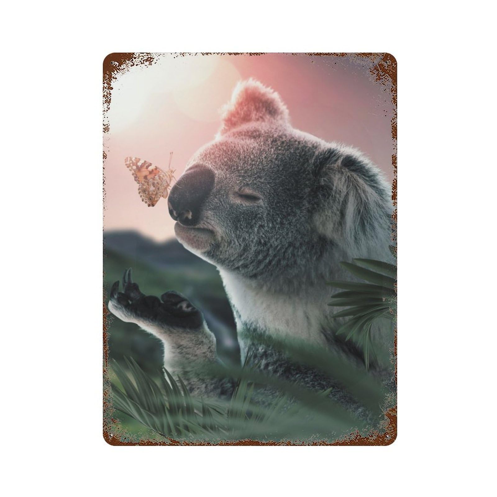 The Koala And Butterfly Rust Effect Tin Sign 15.7"x11.8", Industrial Home Decor for Garage, Bar And Workshop Decor