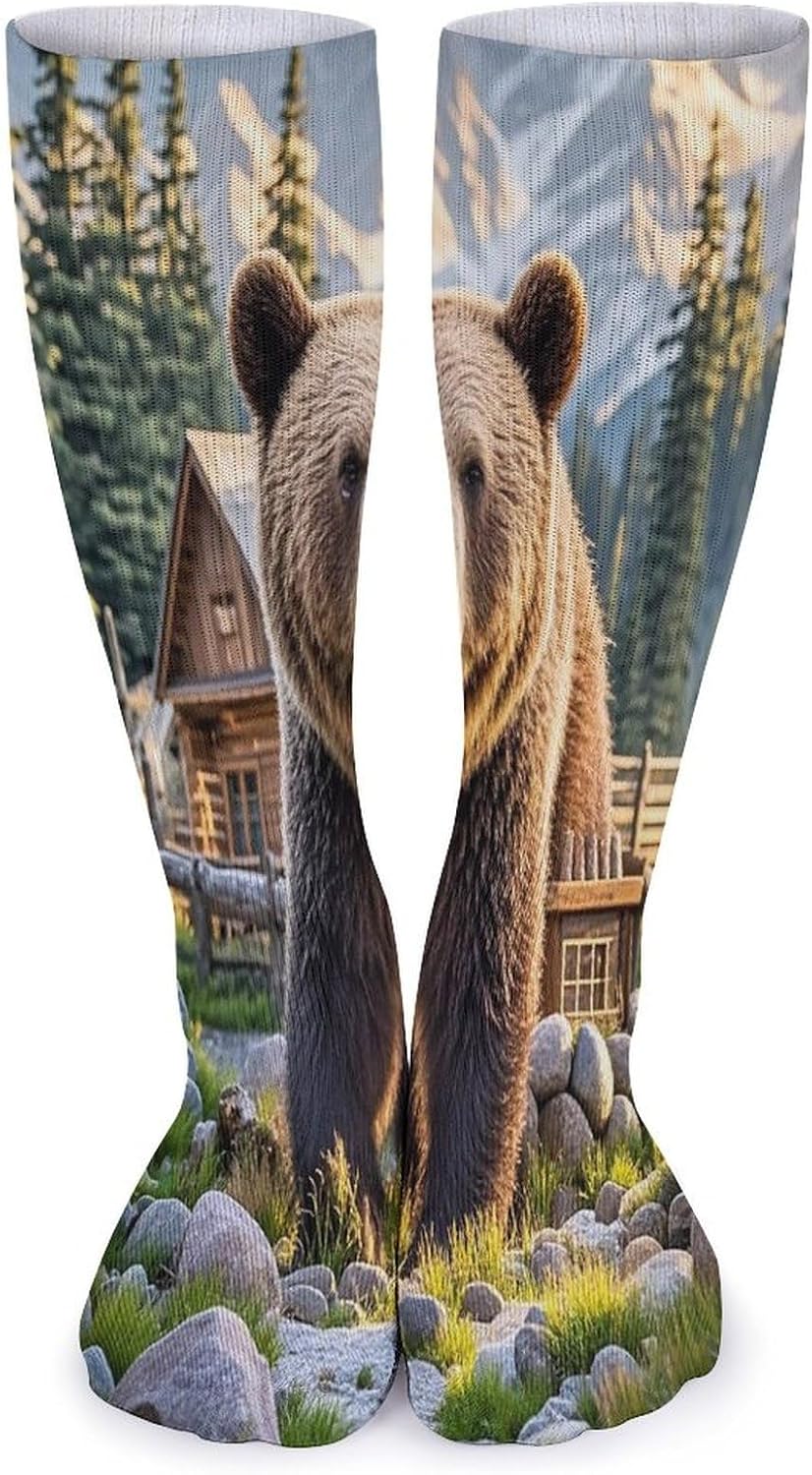 Rustic Lodge Bear Crew Socks Cozy Casual Calf Socks Lightweight Long Work Sock Breathable Athletic Sock for Hiking Sports Running 5 Pairs