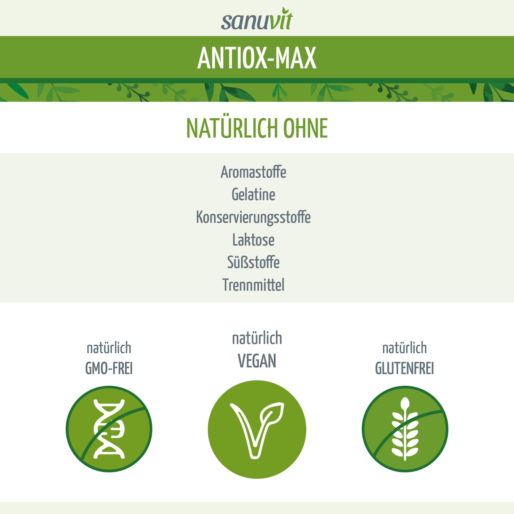Sanuvit Antiox-Max 60 Kapseln - Reinstoffprodukt direkt vom Hersteller (hypoallergene Manufaktur)