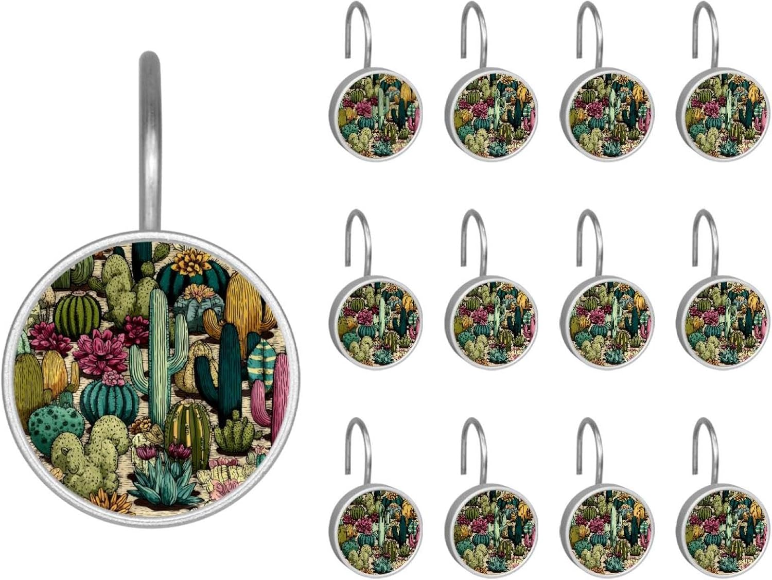 12PCS Fun Western Cactus Seamless (3) Shower Curtain Hooks Rings for Bathroom, Decorative Shower Curtain Hooks Rods Curtains and Liner