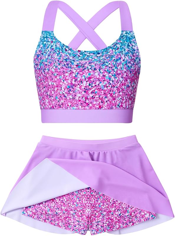 Girls Swimsuit Two Piece Tankini Skirt Set with Boyshort Summer Beach Bathing Suit Size 6-14