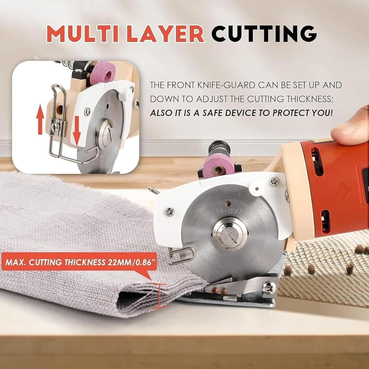 Electric Fabric Rotary Cutter with Automatic Sharpening Function, Multi-Layer Electric Fabric Scissors, 65mm Blade and 15mm Cutting Thickness, Long Service Life, for Carpet, Leather, Rubber