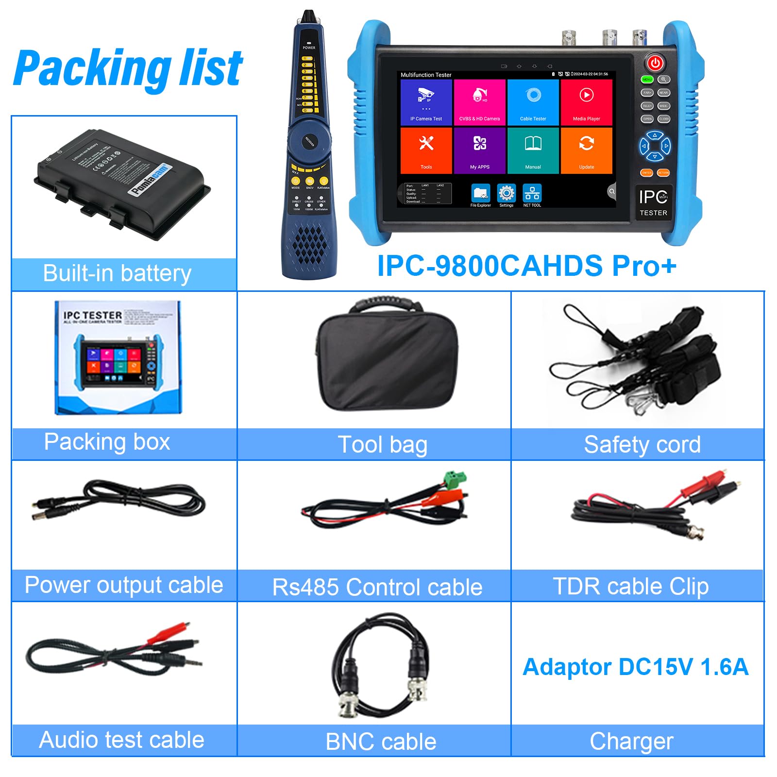 Tester CCTV 8K H.265 IP Camera Tester Monitor per telecamera TVI/CVI/AHD/SDI/CVBS da 8 MP con schermo da 7 pollici, con POE++ Max. 90 W, porta Gigabit SFP, ingresso/uscita HDMI, ingresso VGA