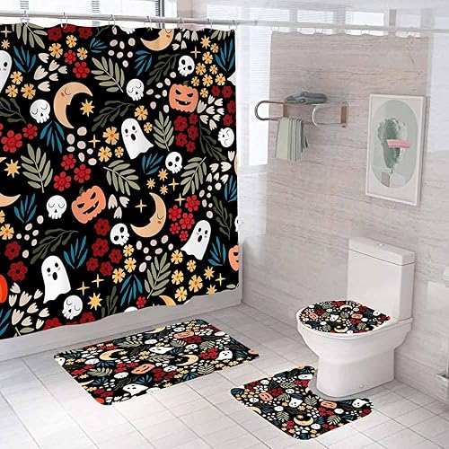 Vista 9 de Juego de 4 cortinas de ducha de calabaza de Halloween con alfombras, cortina de ducha gótica, cortina de ducha negra de tela impermeable, terror