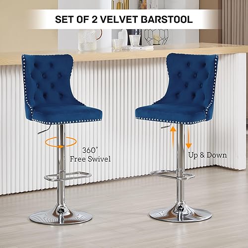 Miniatura 14 de Juego de 4 taburetes de bar giratorios ajustables de terciopelo con respaldo copetudo, ribete de cabezas de clavos y anillo de tracción, sillas de