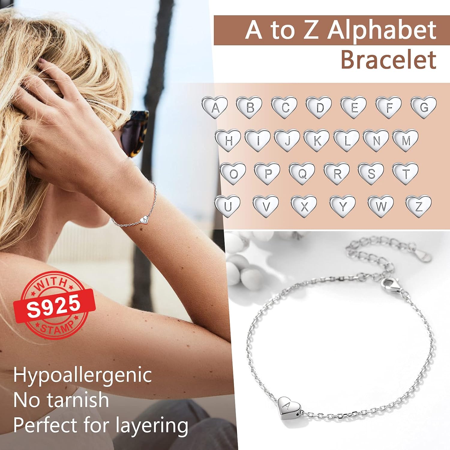 925 Sterling Silver Dainty Heart Bracelets for Women, A-Z Letter Cute Initial Charm, Bracelet: 6.3"-8.3", Adjustable, Come with Box - Image 4
