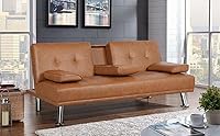 Vista 8 de YAHEETECH - Sofá cama tipo futón de cuero sintético, 2 puestos, sofá con espaldar reclinable y portavasos, cama para invitados
