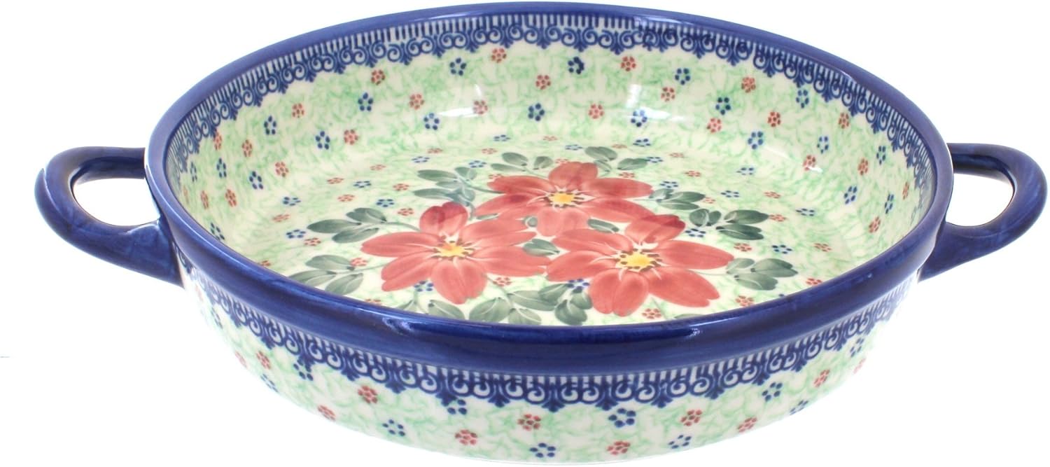 Blue Rose Polish Pottery - Green Poinsettia Small Round Baker with Handles - 9" Diameter - Unique, Dishwasher Safe, & Durable Bakeware