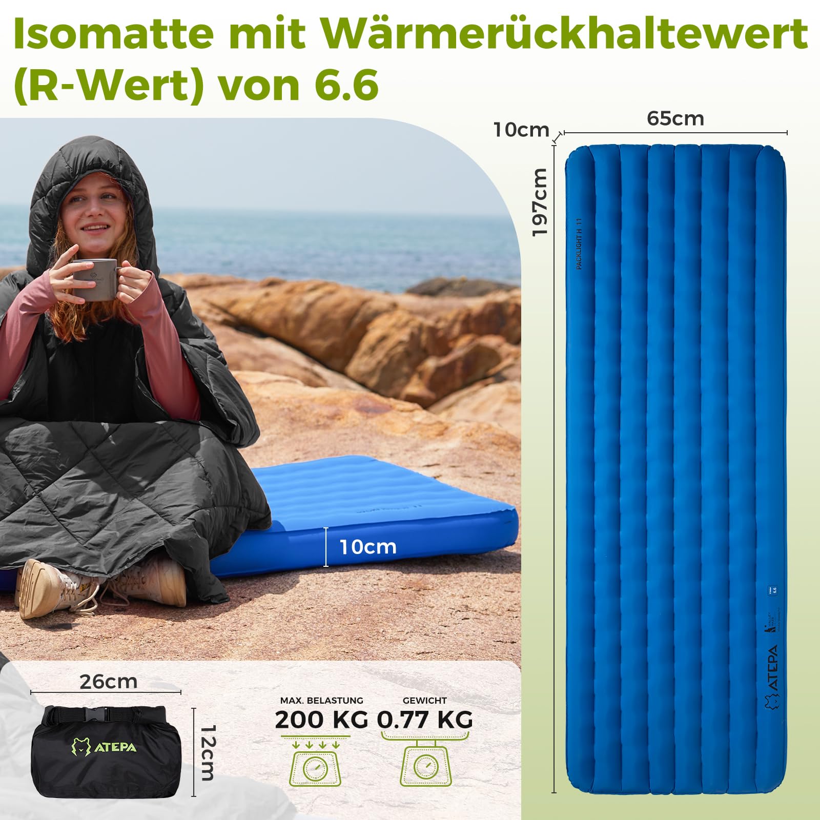 ATEPA ThermAir Pro Isomatte Ultraleicht für Camping & Backpacking, 6.6 R-Wert Isolierte Luftmatte mit 7 Kammern, Kompakte Camping Matte mit Tragetasche, Extra Groß & Breit (197x65 cm)