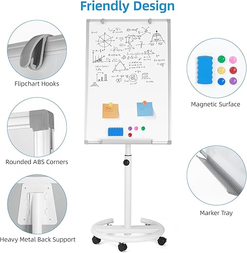 Miniatura 5 de Pizarra blanca móvil de 36 x 24 pulgadas, pizarra magnética de borrado en seco, caballete portátil con ruedas para oficina, aula, hogar, color blanco