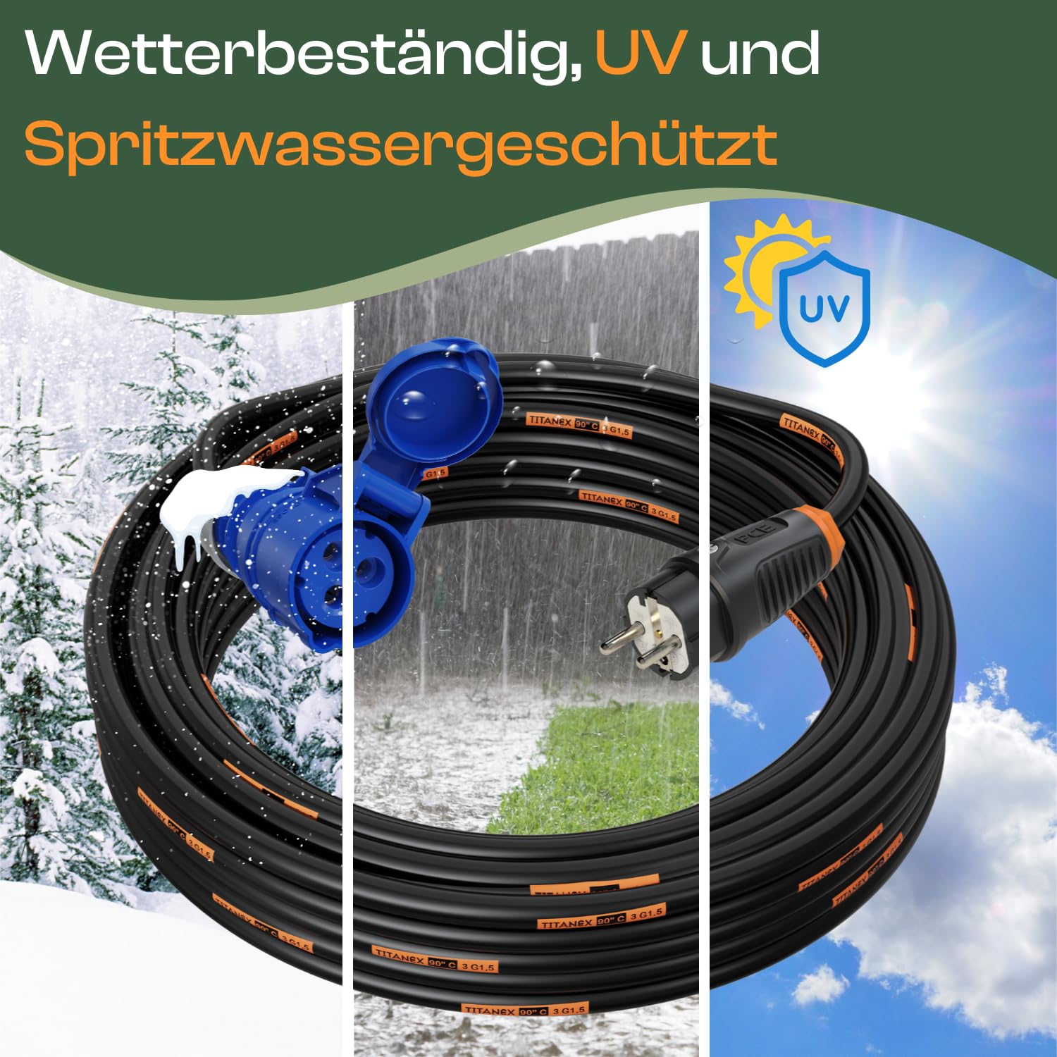 CEE Campingkabel Adapter Kabel Stromadapter Camping Schuko-Vollgummi-Stecker auf CEE Kupplung für Wohnwagen Wohnmobil TITANEX H07RN-F 3G1,5mm² 16A 230V 10m