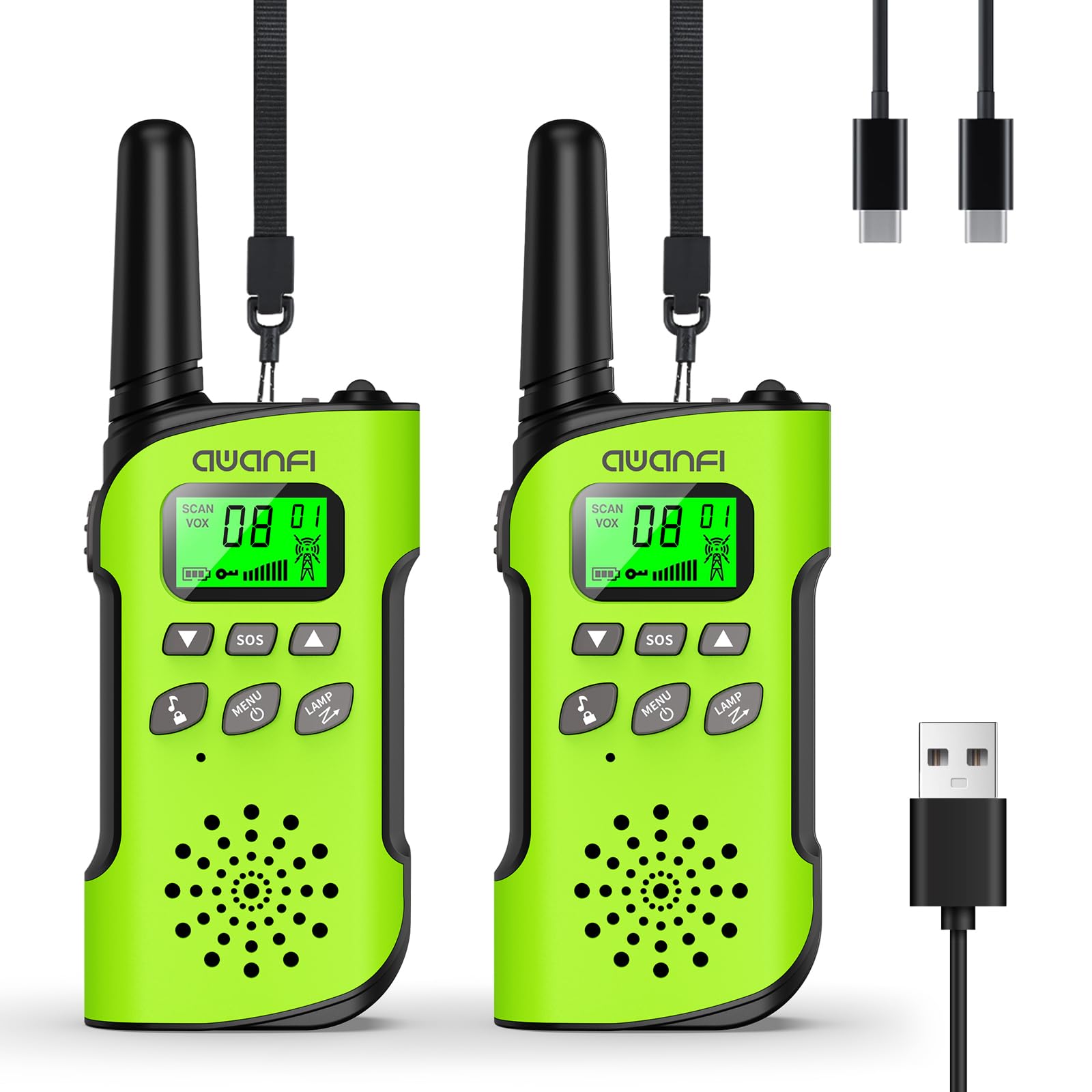AWANFI Walkie-Talkie per Bambini, Walkie Talkie Ricaricabile con Batteria, Torcia, Funzione SOS e VOX, Lungo Raggio, Walkie-Talkie per Campeggio, Avventure, Regali per Bambini da 3 a 12 Anni