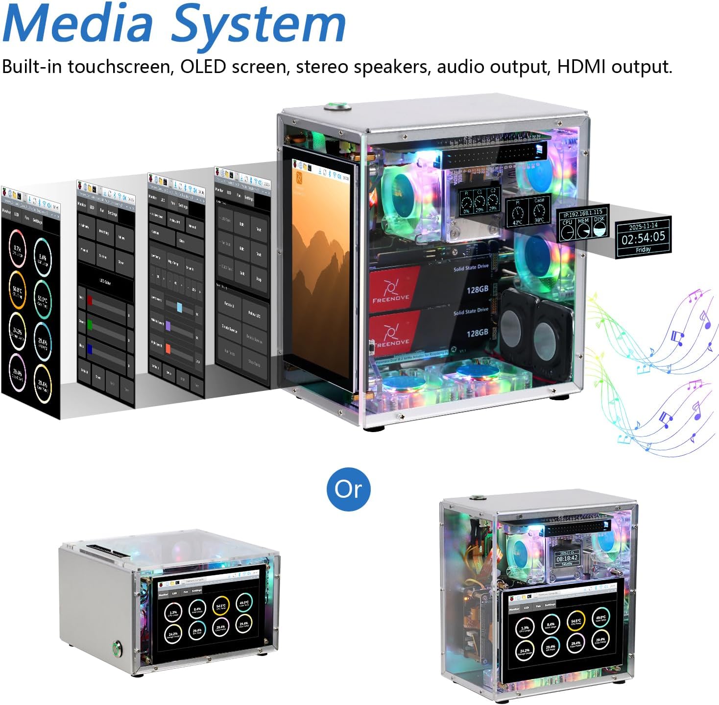 FREENOVE Raspberry Pi 5 Case Kit Pro (with 1x 128GB SSD), Dual M.2 NVMe SSD Slots, 5 PWM ARGB Fans Light Sync, CPU Tower Cooler, 4.3" Touchscreen, Stereo Speakers, 3.5 mm Audio