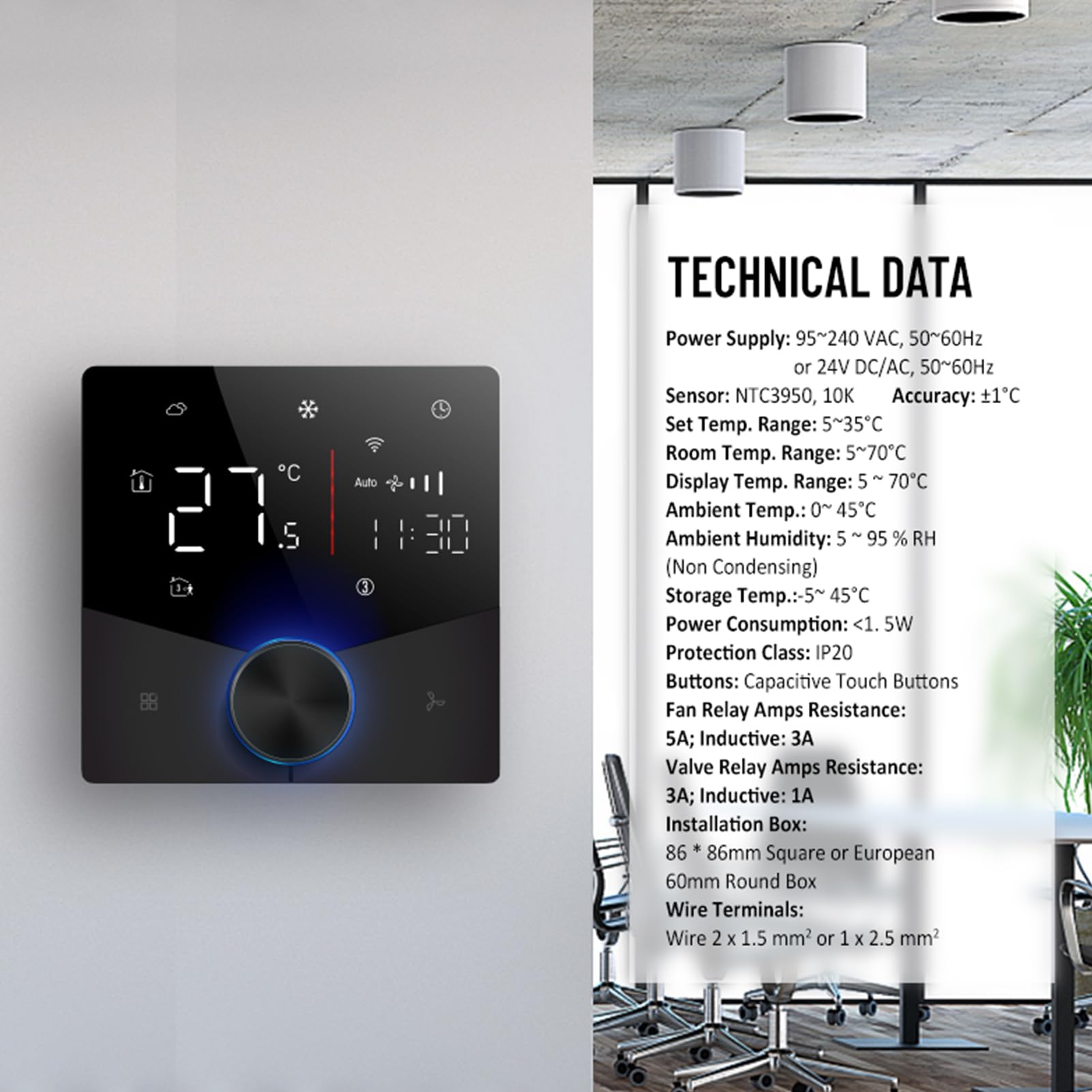 WIFI Thermostat Digital Downish Touch 5 i 2 Programowalne 2 Kontroler Temperatury Klimatyzatora z 8 Efektami Oświetleniowymi i 7 Biegami Tęczowymi dla świątecznej Atmosfery (BLACK)
