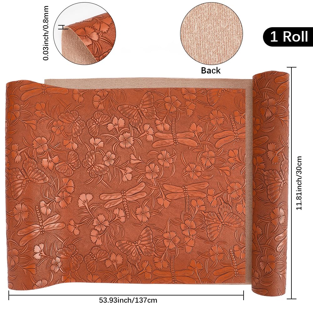CALFOVERA 1.37×0.3M Synthetic Material Leatherette Roll Brown Embossed PU Leather Sheets Textured Vintage Floral Pattern PU Leather Fabric for DIY Earrings Upholstery Sewing Crafts Making - Image 2