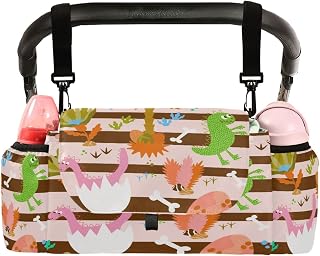 Universal Baby Stroller Organizer Bag Cartoon Dinosaur Footprint Egg Stripes, Stroller Organizers with Insulated Cup Holders Watercolor Plam Tree Detachable Shoulder Strap Storage Carrying Diaper and