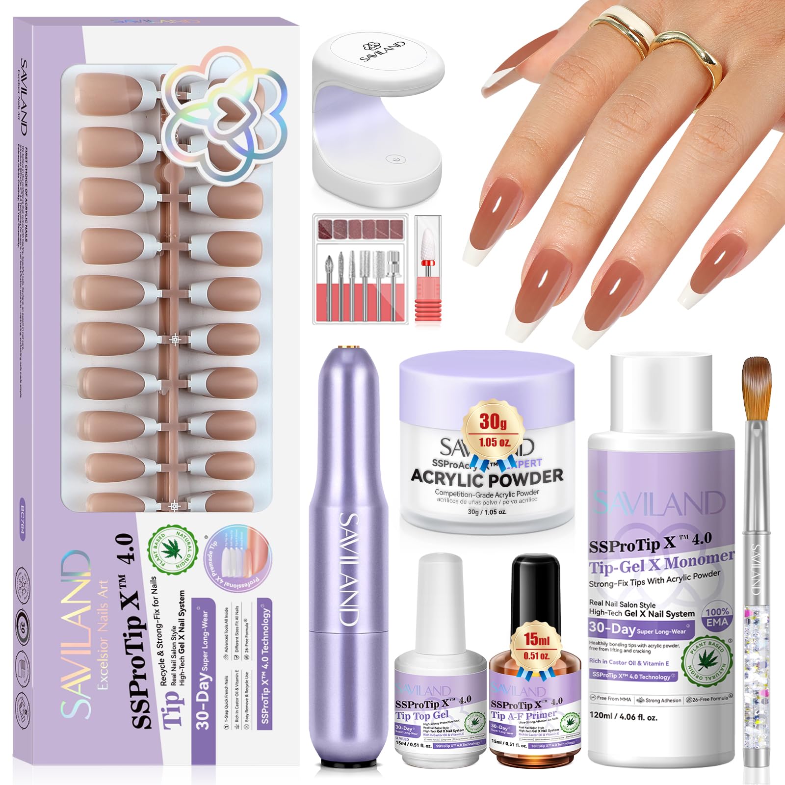 SAVILAND Acrylic Nail Kit Professional: Keratin Acrylic Powder Nail Primer Nail Drill Kit and Press ons, Nail Art Kit with Everything Manicure Tools