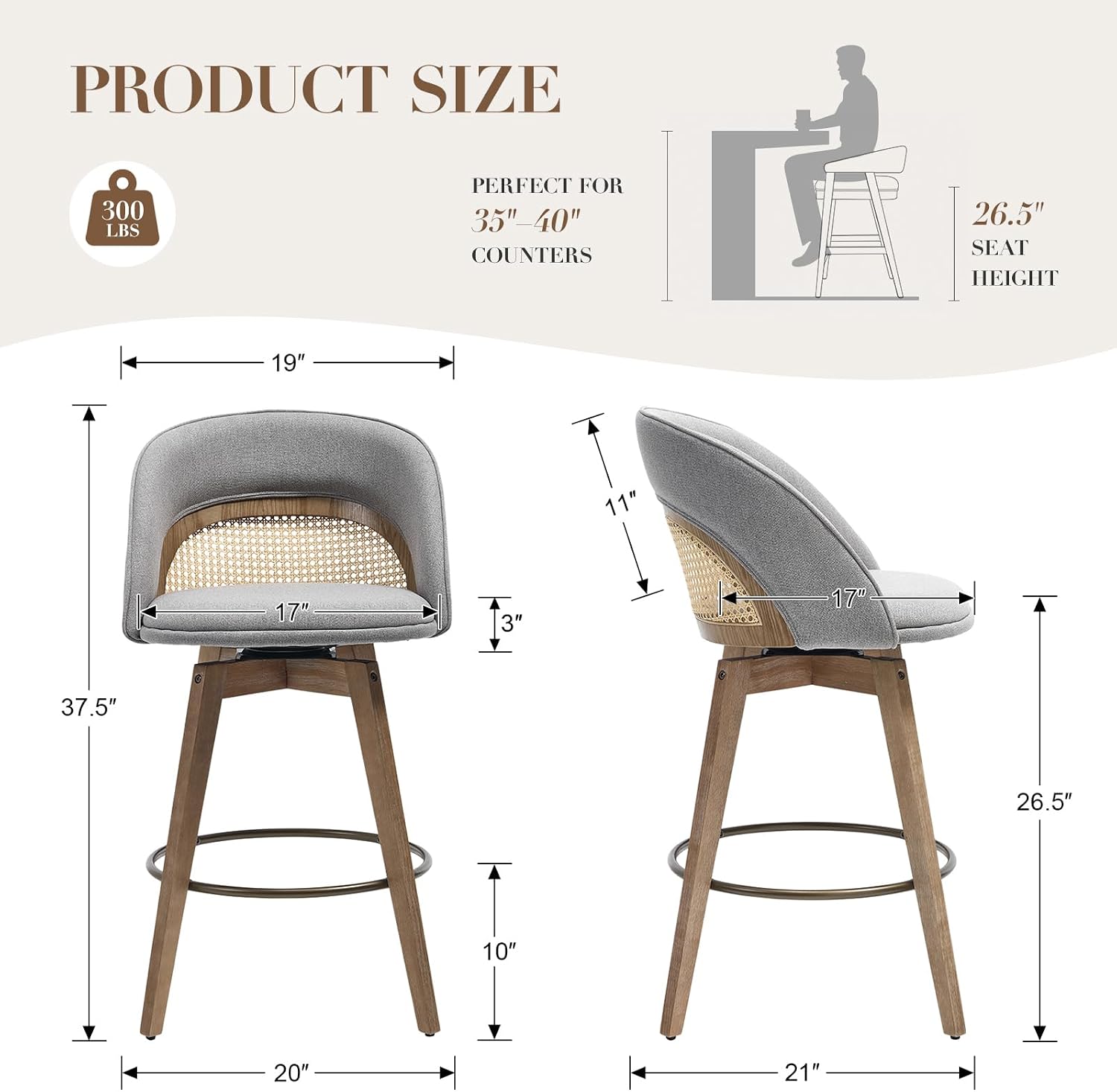 Ya-Home Modern Swivel Bar Stools Set of 2, 26.5" Counter Height Barstools Linen Upholstered Counter Stools with Curved Back/Bronze Metal Footrest Bar Chairs for Kitchen Island/Home Bar, Grey