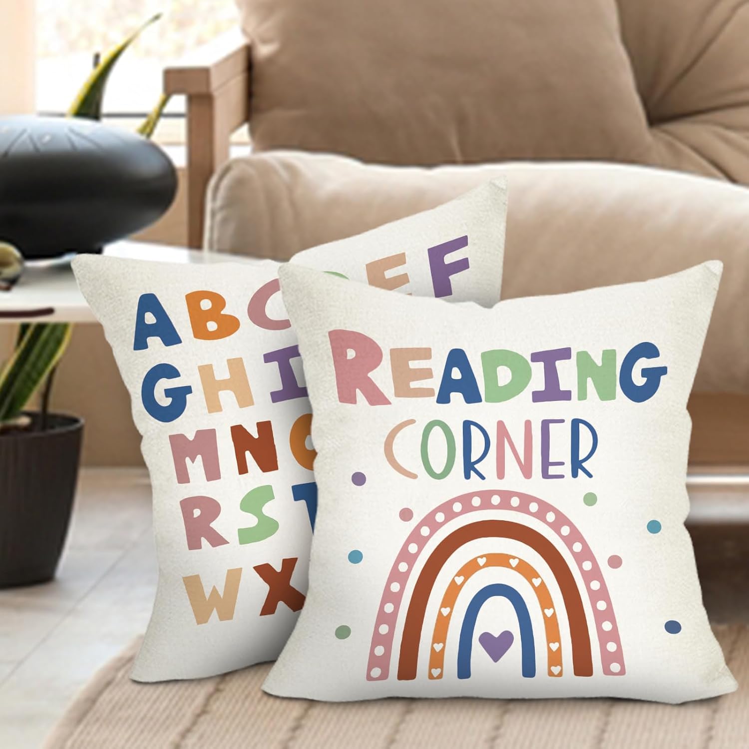 Reading Corner Decorative Throw Pillow Covers 18 x 18 Set of 2, Rainbow Alphabet Educational Kids Nursery Porch Outdoor Home Decor, Love Hearts Reader School Classroom Sofa Couch Cushion Case - Image 4