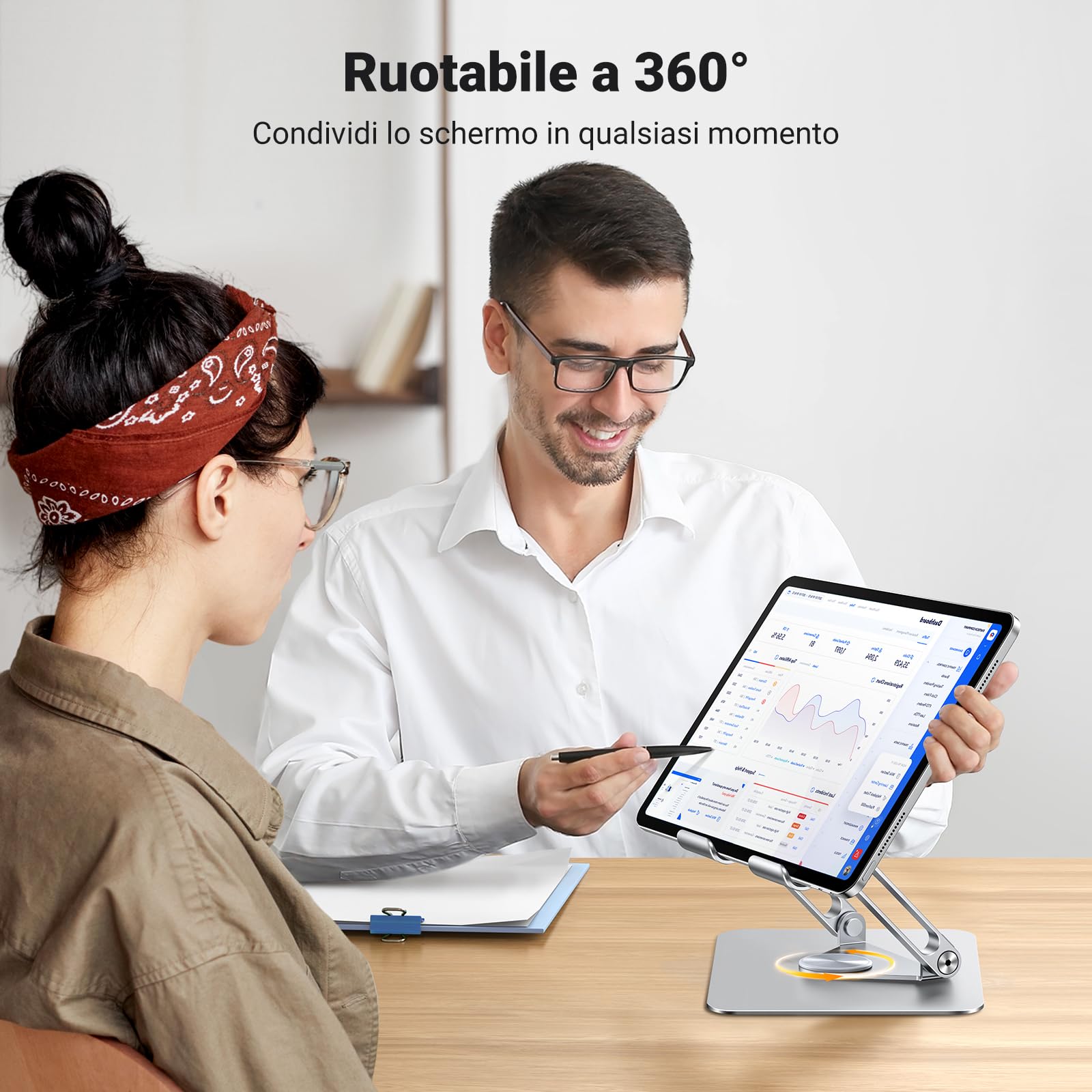 UGREEN Supporto per Tablet Pieghevole in Ferro Girevole a 360°, Compatibile con Galaxy Tab, iPad Pro 13''/12.9", iPad Mini/Air 6 5, iPhone 16 Plus, Galaxy S24 Ultra, Universale da 4,7" a 13", Argento