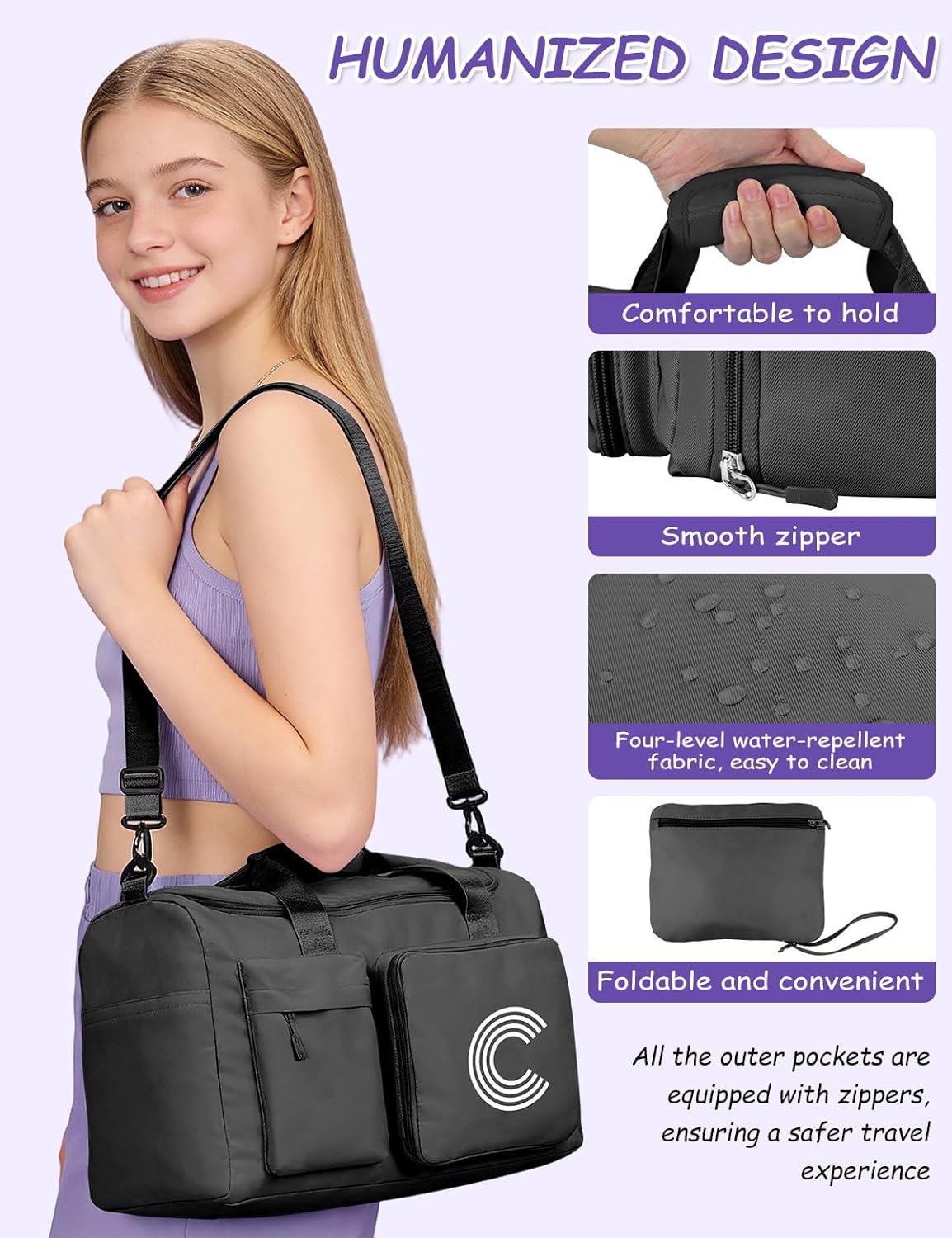 Initial Travel Duffle Bag Women Gifts, Teen Girl Trendy Stuff, Birthday Gifts for Women, Girls Gym Bag, Gym Bag for Women, Traveling Bag for Girls, Kid Gymnastics Bags with Toiletry Bag, Black A - Image 6