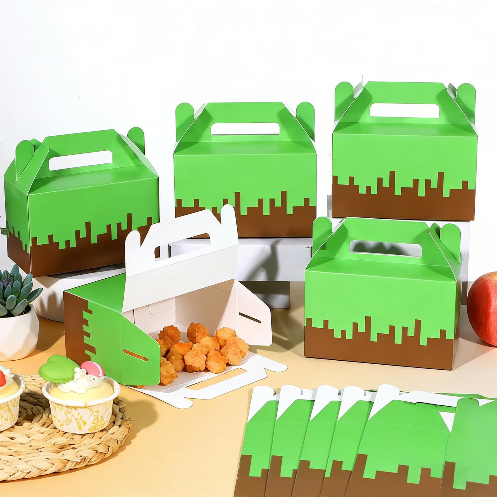 12Pcs Pixel Party Favors Gift Boxes Pixel Paper Treat Boxes Bulk Mining Themed Green Brown Video Game Birthday Goodie Candy Box for Kids Gamer Birthday Supplies Pixelated Party Baby Shower Decoration