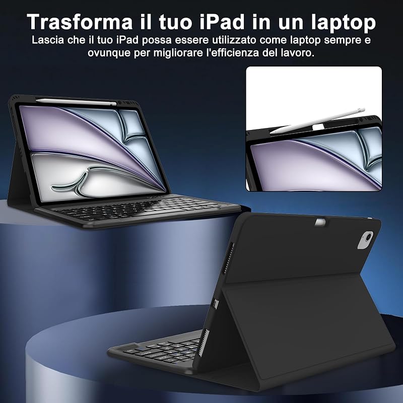 SENGBIRCH iPad Air 13" (M2, 2024) Bluetooth Billentyűzetes Tok - Levehető Mágneses Billentyűzet, Ütésálló PU Bőr Védőtok, Fekete