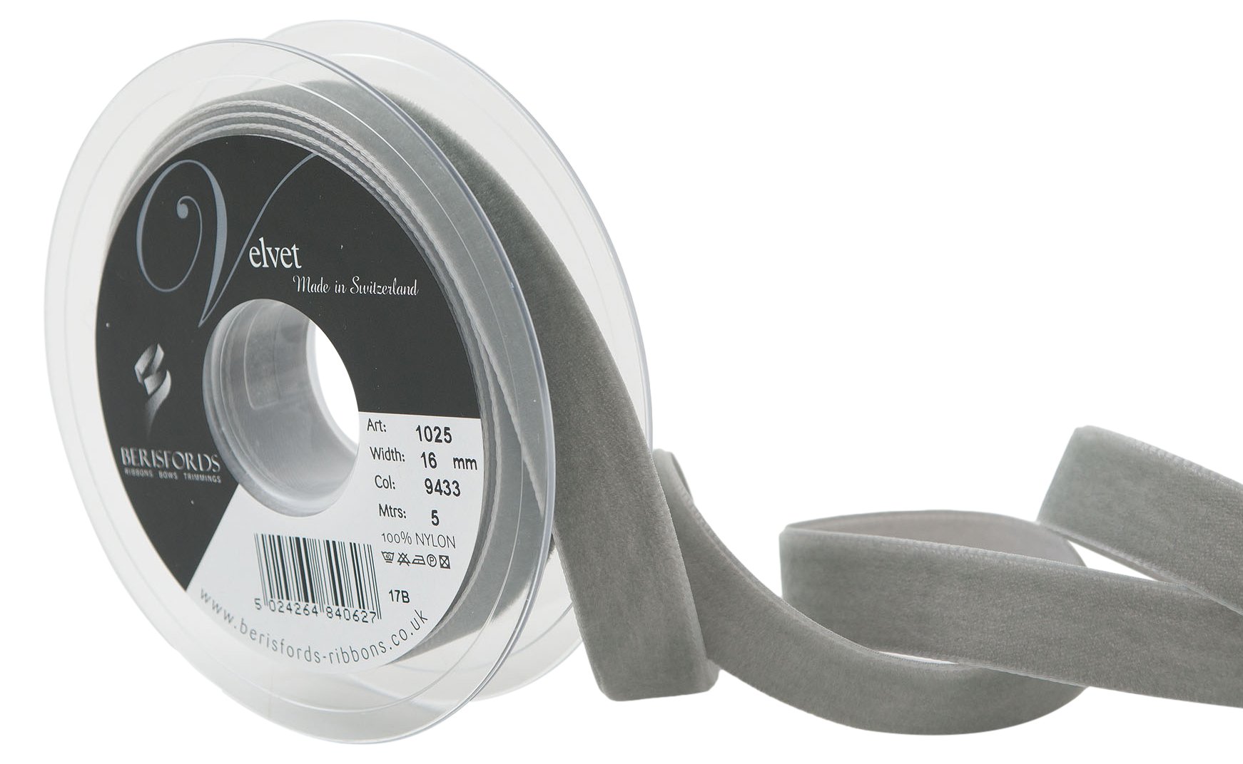 BerisfordsVelvet Ribbon, Grey, 10.2 x 2.1 x 10.2 cm