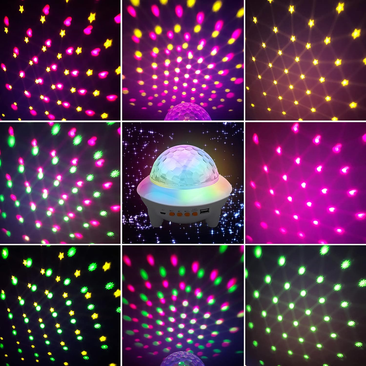 Grid showing nine different starry sky projection patterns from the GRIFEMA GD1002-2 projector, including stars and colorful dots.