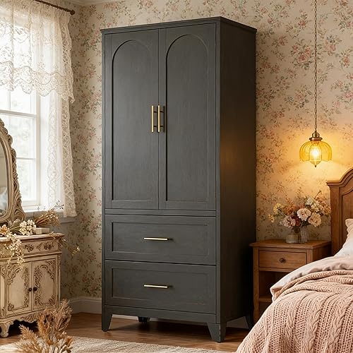 Modern 71" Steel Armoire Wardrobe Closet with 2 Drawers and Hanging Rod, Sturdy Metal 2 Door Armoire for Small Bedroom, Wardrobe Cabinet with Adjustable Shelves for Apartments, (Black)