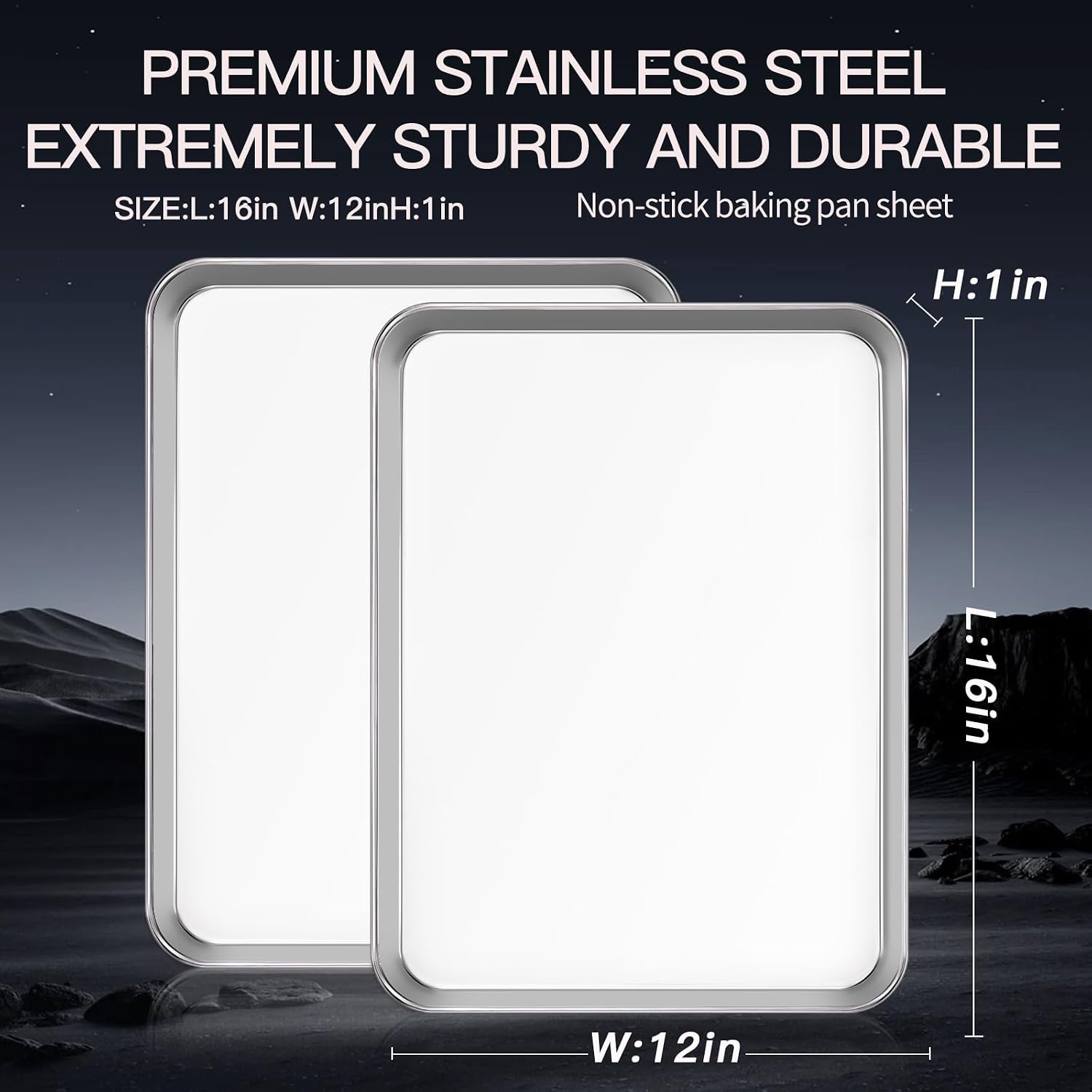 2-Pack Stainless Steel Baking Sheet Set – 16x12x1 Inch Commercial Grade Cookie Sheets, Heavy Duty Non-Warping Oven Safe Pan for Baking, Roasting & Cooking