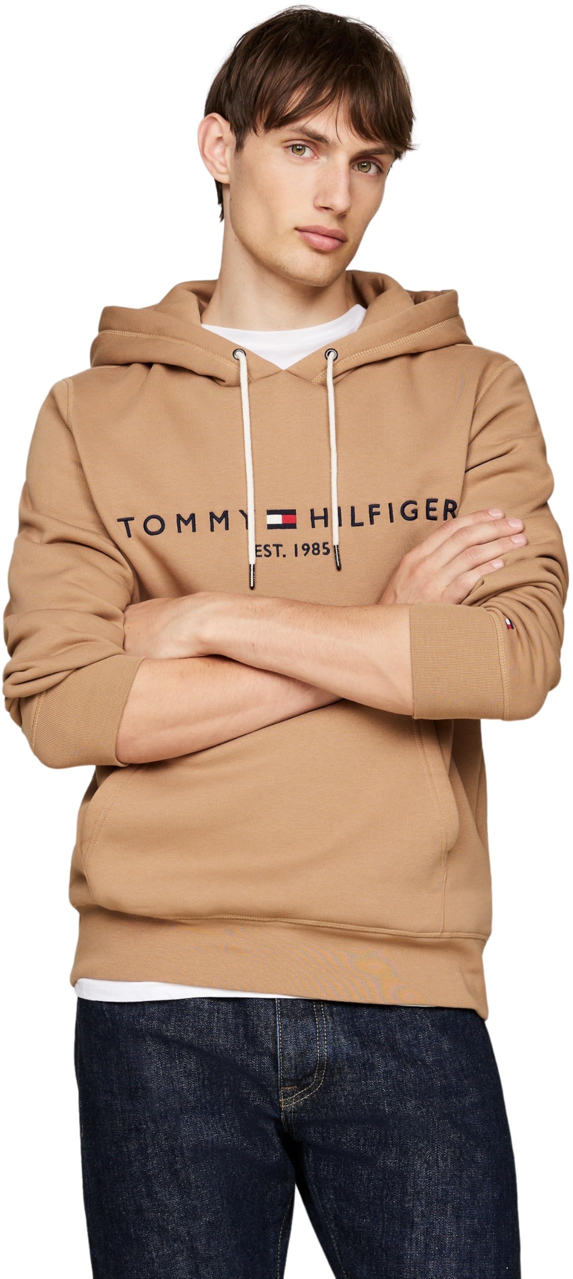 Tommy Hilfiger Men's Khaki (Safari Canvas) Tommy Logo Hoodie, Beige (Safari Canvas), M