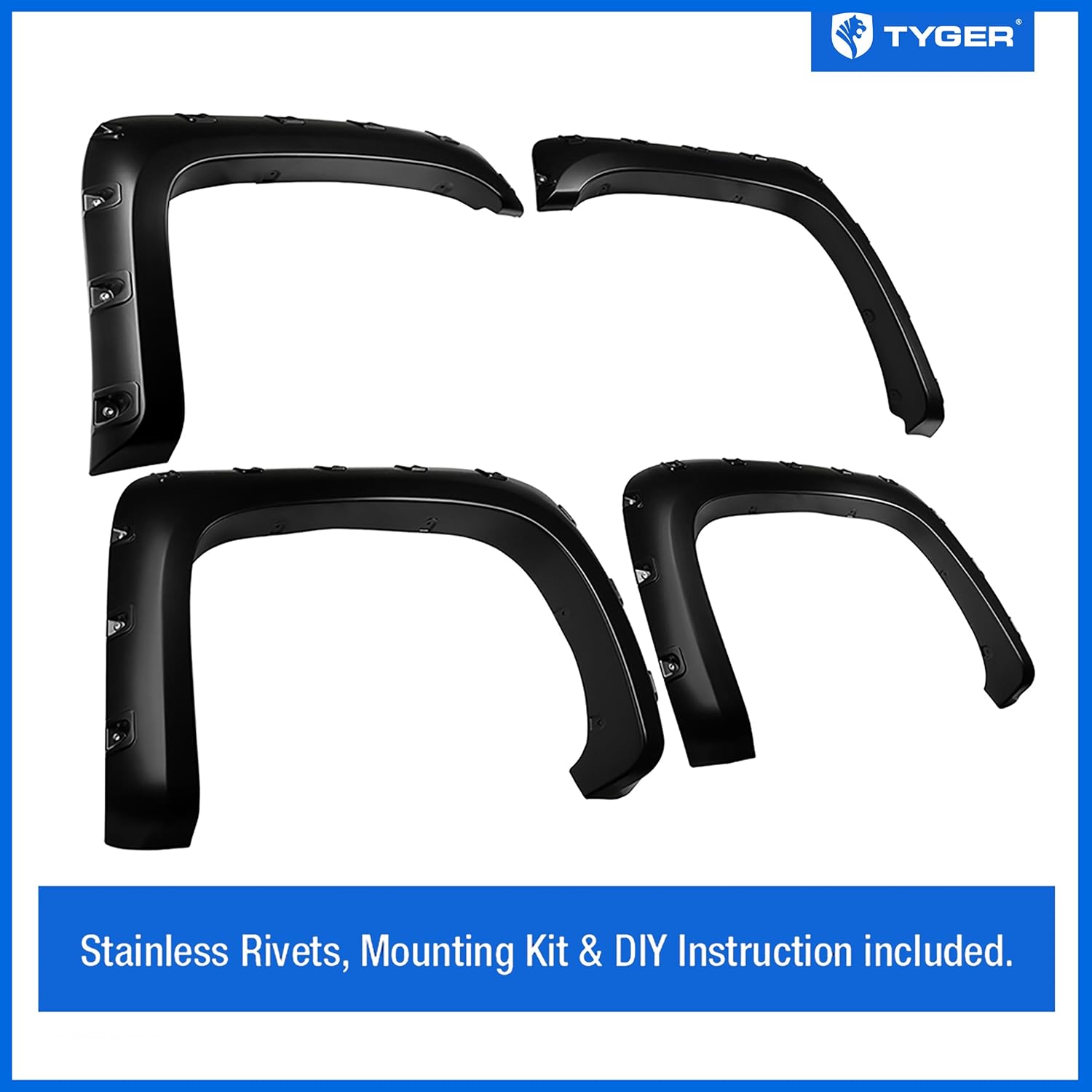 Tyger Auto Fender Flare Compatible with 2007-2013 Chevy Silverado 1500; 2007-2014 2500 3500HD (Not Fit 07 Classic) 6.5' & 8' Bed, Smooth Textured Black Paintable Bolt-Riveted Style 4pc | TG-FF8C4068