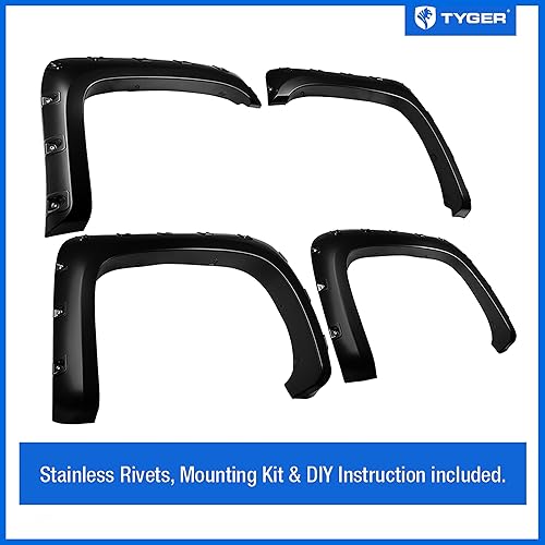 Miniatura 2 de Tyger Auto TG-FF8C4068 para 2007-2014 Chevy Silverado (NO para 68" Short Bed) | Juego de guardabarros con estilo, remachado, pintable, negro mate