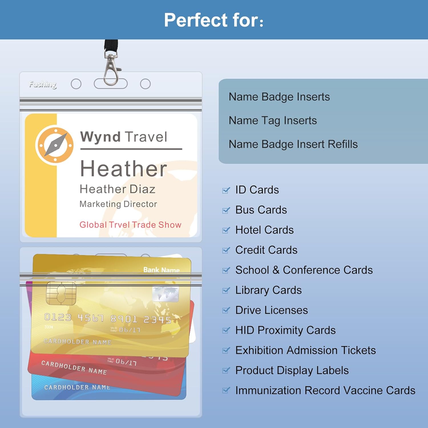 Name Badge Holders with Lanyards - Fushing 50Pcs Clear Plastic Horizontal Name Tag Badge ID Card Holders and Lanyards for 3 x 4 Inch Name Badge Inserts or Name Tag Inserts
